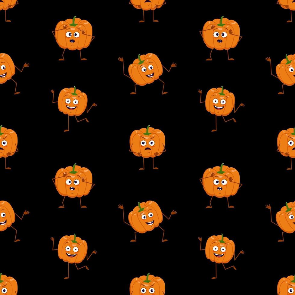 lindas calabazas oscuras de patrones sin fisuras con cara, emociones felices, brazos y piernas. decoración de fiesta de halloween. Fondo festivo para papel, textil, vacaciones y diseño. vector