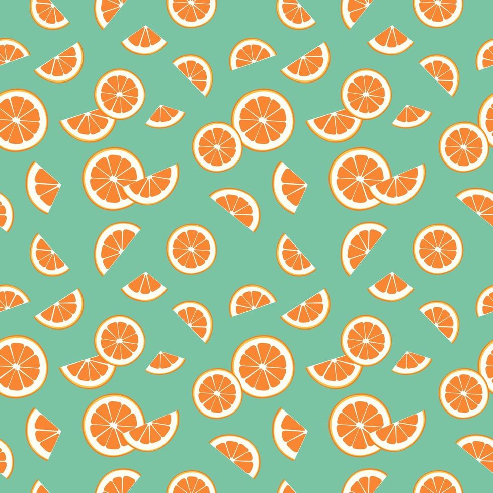 Seamless bright spring and summer pattern with oranges, tangerines and slices on a green background. A set of citrus fruits for a healthy lifestyle. Vector flat illustration of healthy food