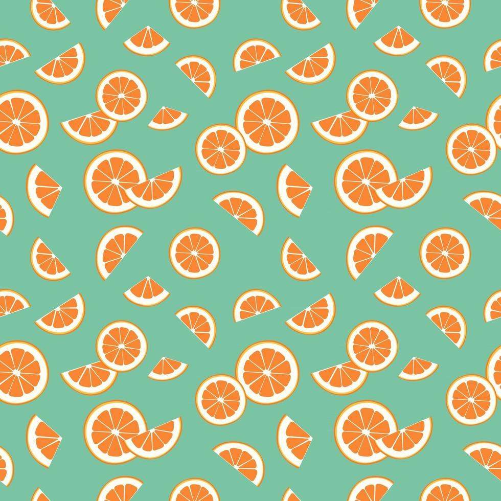 Seamless bright spring and summer pattern with oranges, tangerines and slices on a green background. A set of citrus fruits for a healthy lifestyle. Vector flat illustration of healthy food