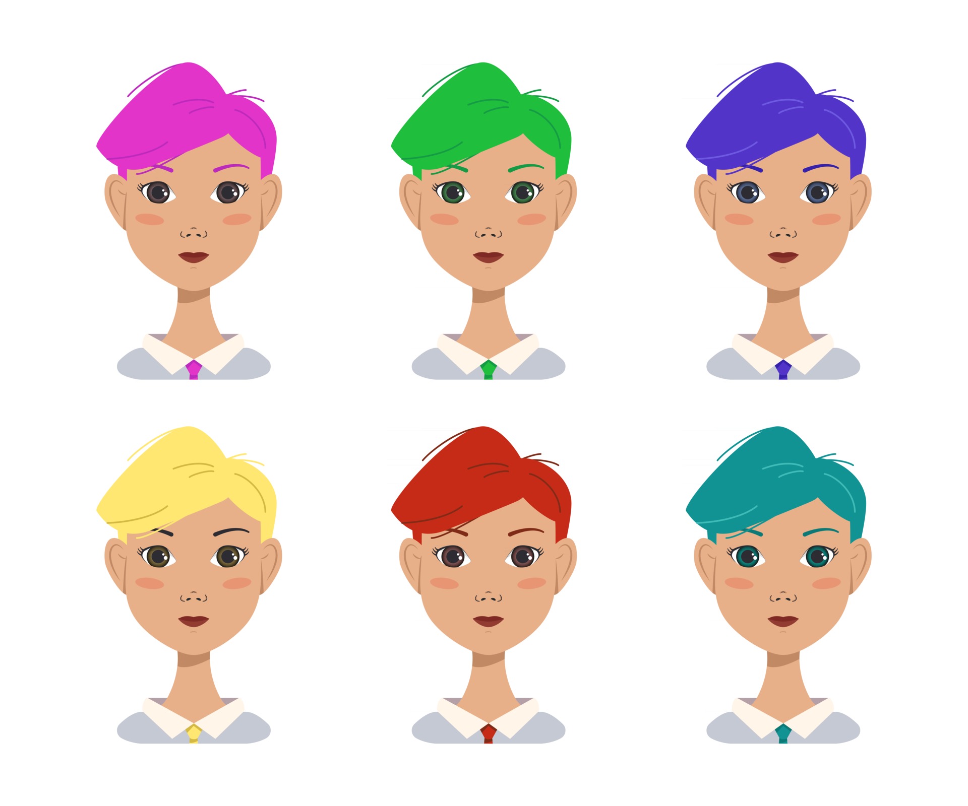 Icon set of a beautiful attractive girl with a modern fashionable hairstyle.  Avatar woman with multi-coloured bright hair of blue, green, red, pink,  yellow. Office worker 2591814 Vector Art at Vecteezy