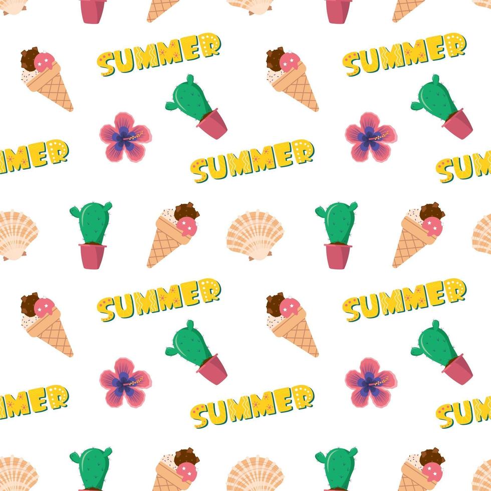 Bright seamless pattern with summer items. Vector print with cacti, shells and ice cream for the holiday, vacation, travel. Suitable for wrapping paper, textiles and other designs.