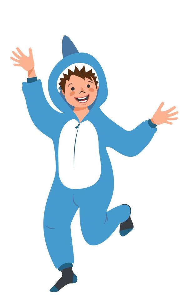 Boy in shark carnival costume. Children pajama party. Kid wearing jumpsuit or kigurumi vector
