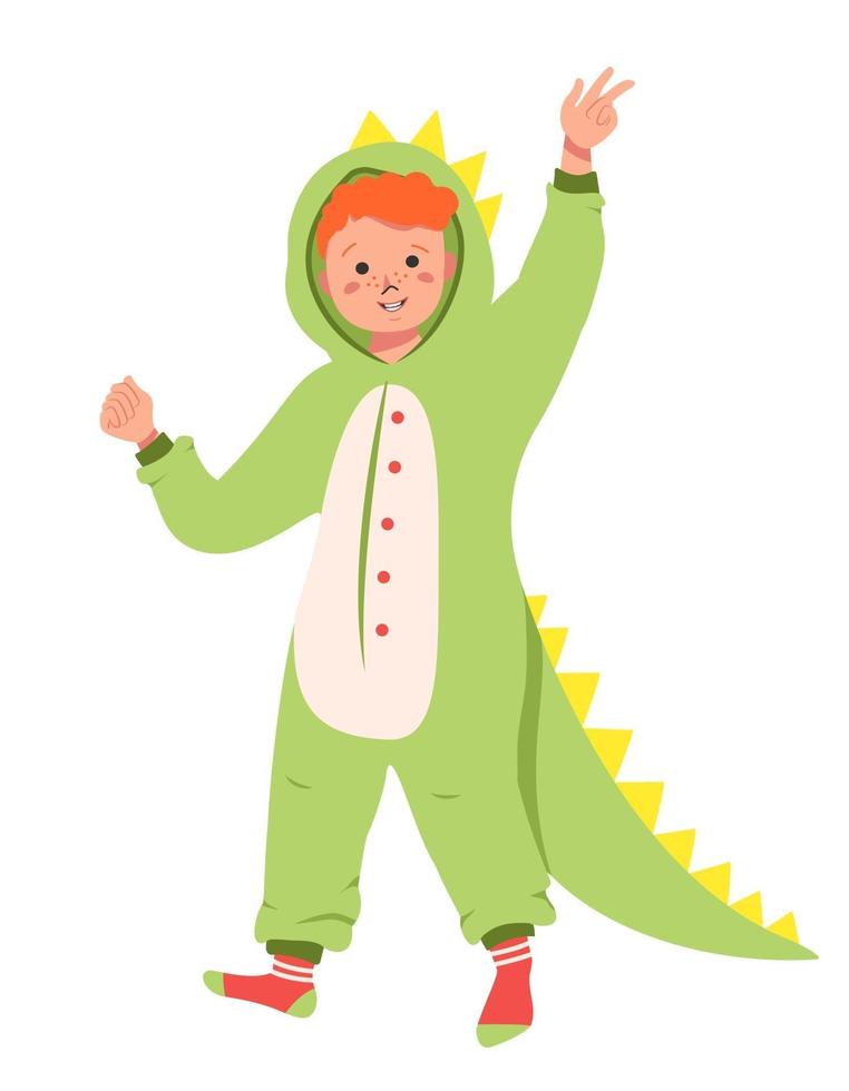 Children pajama party costume. Kid wearing jumpsuit or kigurumi isolated on white background. Carnival costume vector