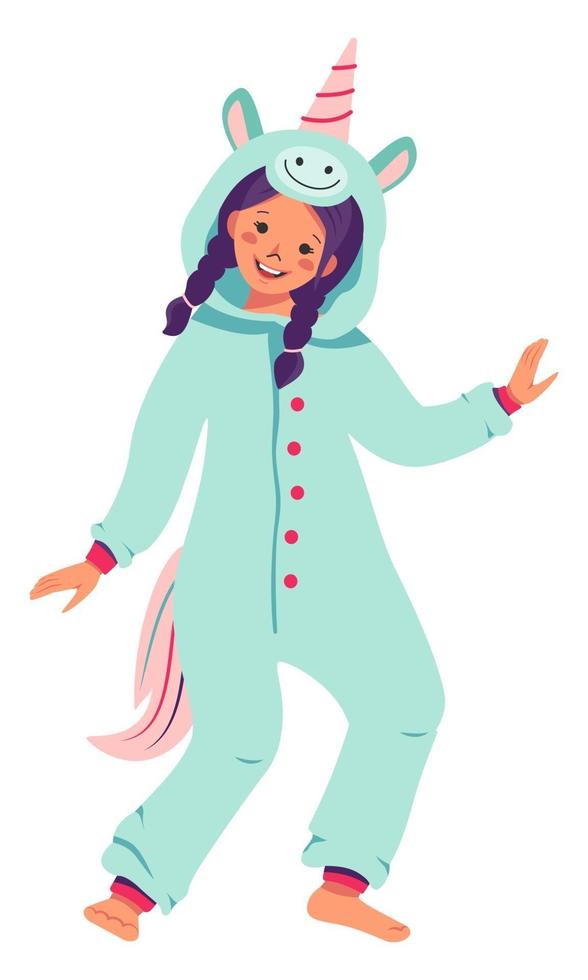 Girl in unicorn carnival costume. Children pajama party. Kid wearing jumpsuit or kigurumi isolated on white background vector
