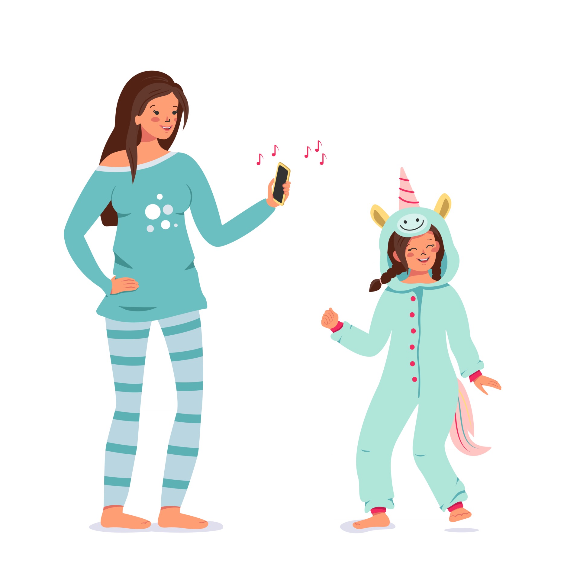 tiempo de mamá e hija. un adulto y un niño vestidos lindos pijamas azules bailan al son de la música. una niña vestida de unicornio o kugurumi. vacaciones familiares o fiesta