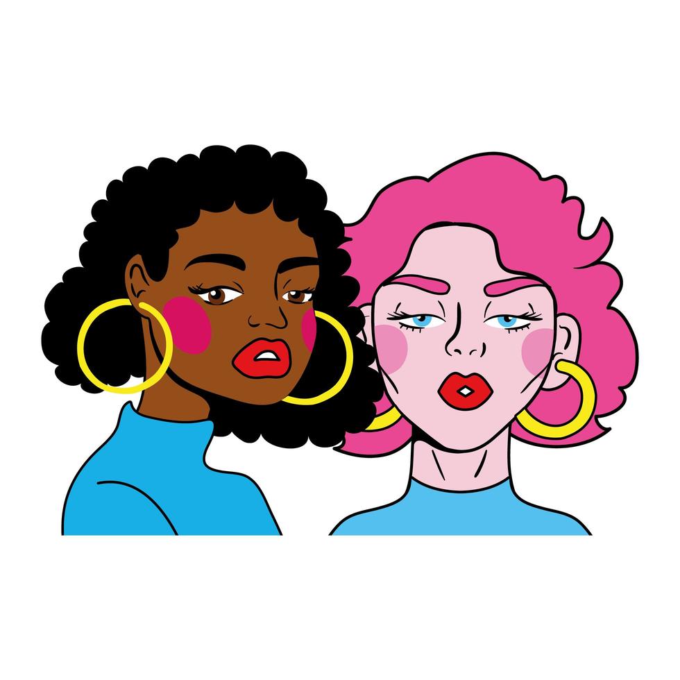 mujer de cabello rosa y pareja de niña afro estilo pop art de moda vector