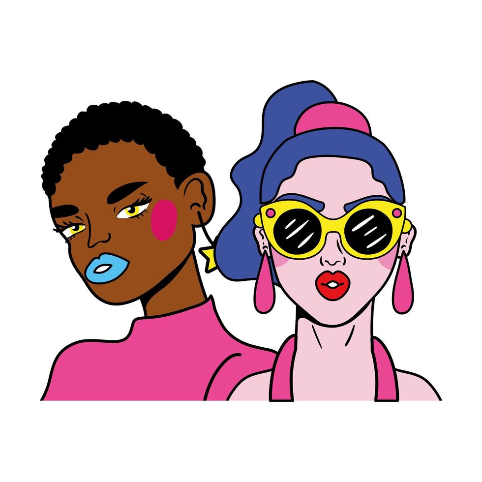 mujer de pelo morado y pareja de niña afro estilo pop art de moda vector