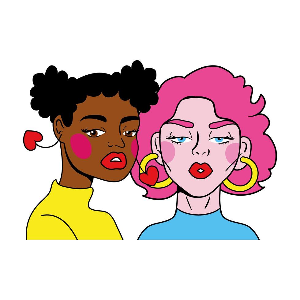 mujer de cabello rosa y pareja de niña afro estilo pop art de moda vector