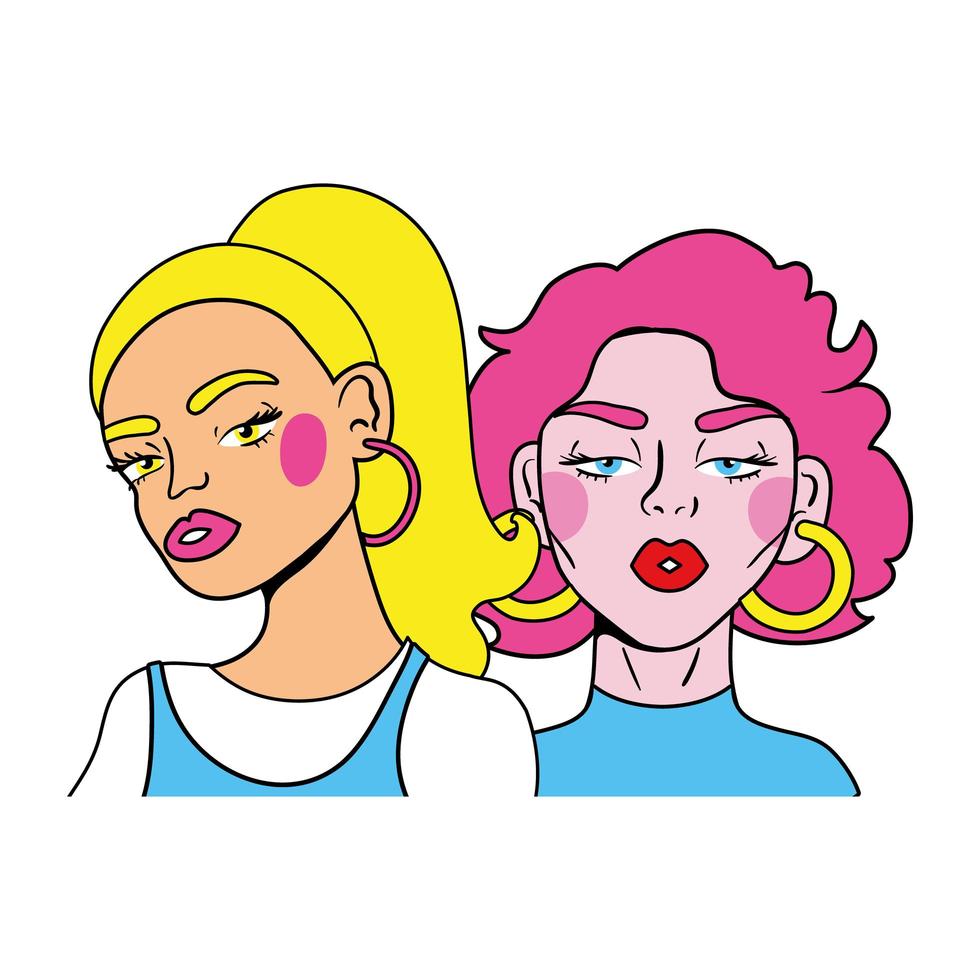 mujer de cabello rosa y chica rubia pareja moda estilo pop art vector