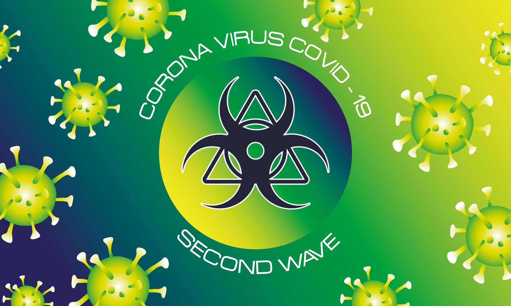 Cartel de la segunda ola del virus corona con partículas verdes y señal de peligro biológico. vector