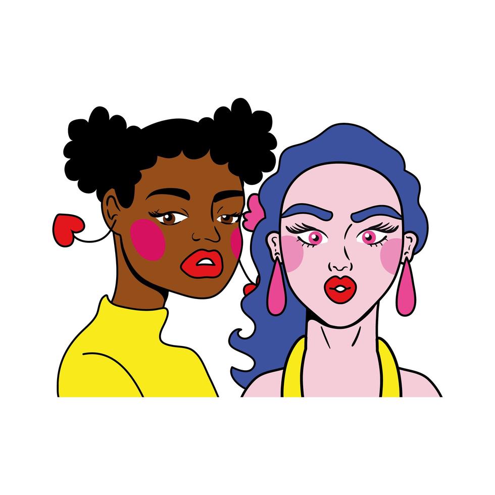 mujer de pelo morado y pareja de niña afro estilo pop art de moda vector