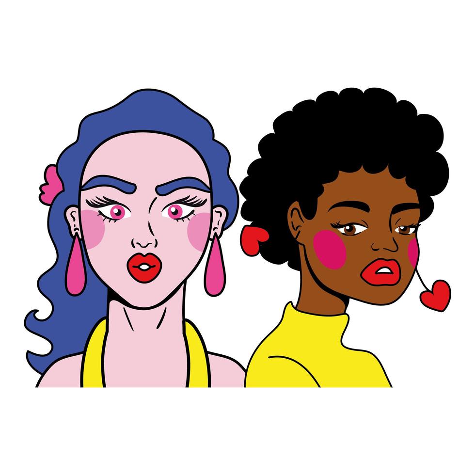 mujer de pelo morado y pareja de niña afro estilo pop art de moda vector