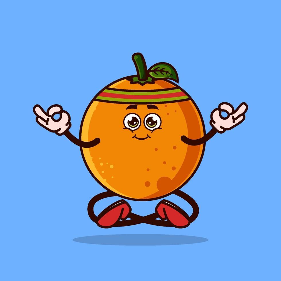 lindo personaje de fruta naranja. concepto de icono de personaje de fruta de meditación aislado. pegatina emoji. vector de estilo de dibujos animados plana