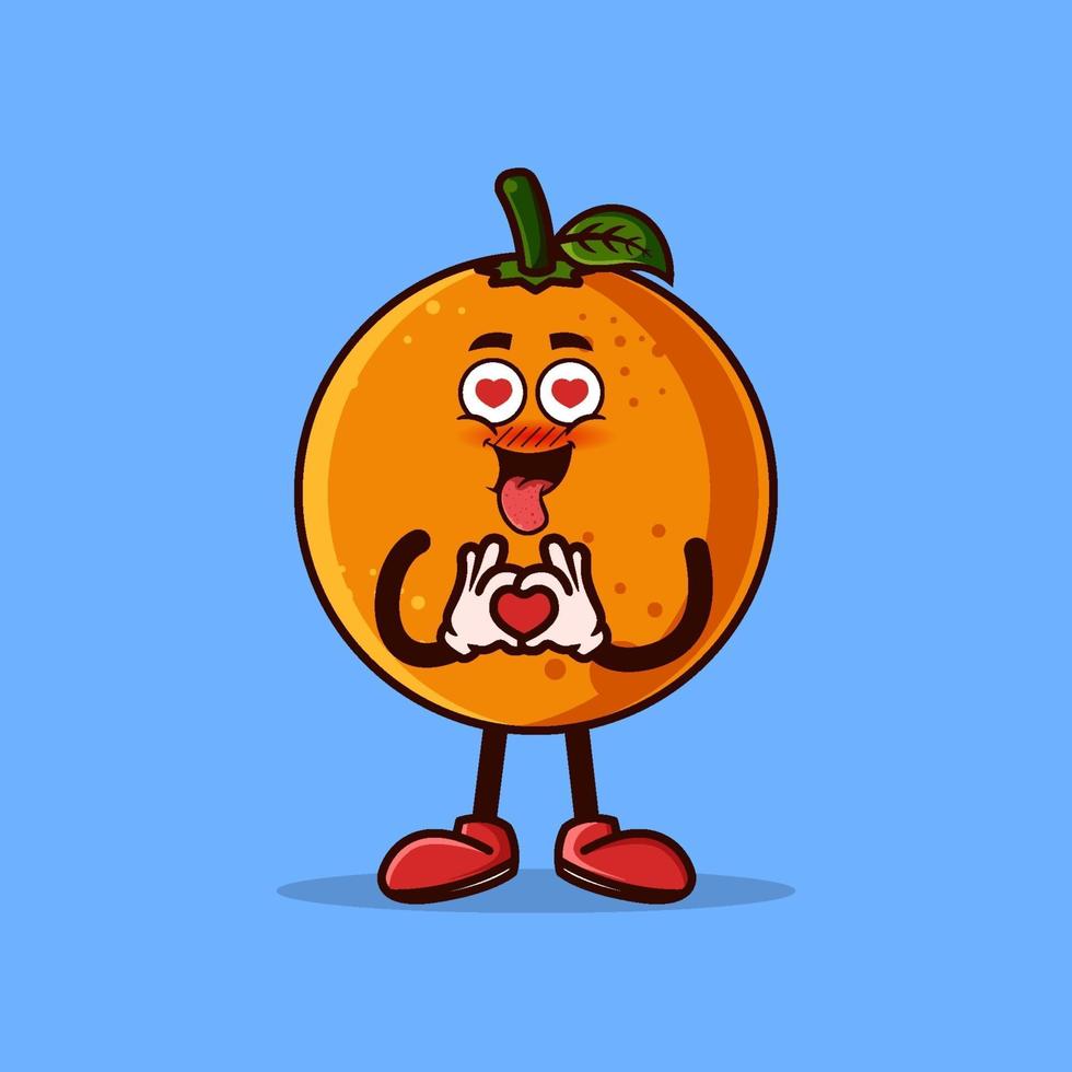 lindo personaje de fruta naranja con emote de corazón. concepto de icono de personaje de fruta aislado. estilo de dibujos animados plana vector