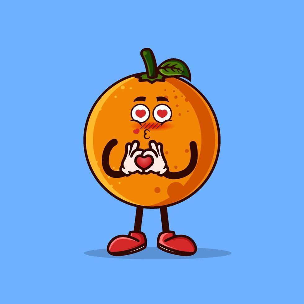 lindo personaje de fruta naranja con gesto de amor. concepto de icono de personaje de fruta aislado. estilo de dibujos animados plana vector