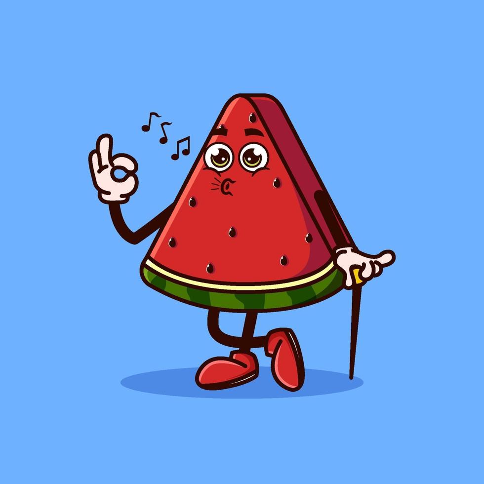 lindo personaje de fruta de sandía gesto bien y silbido. concepto de icono de personaje de fruta aislado. estilo de dibujos animados plana vector