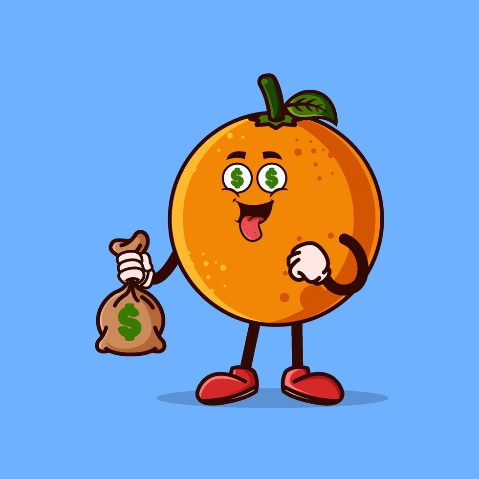 Cute Orange fruit character with money eyes and holding money bag. Fruit character icon concept isolated. Emoji Sticker. flat cartoon style Vector