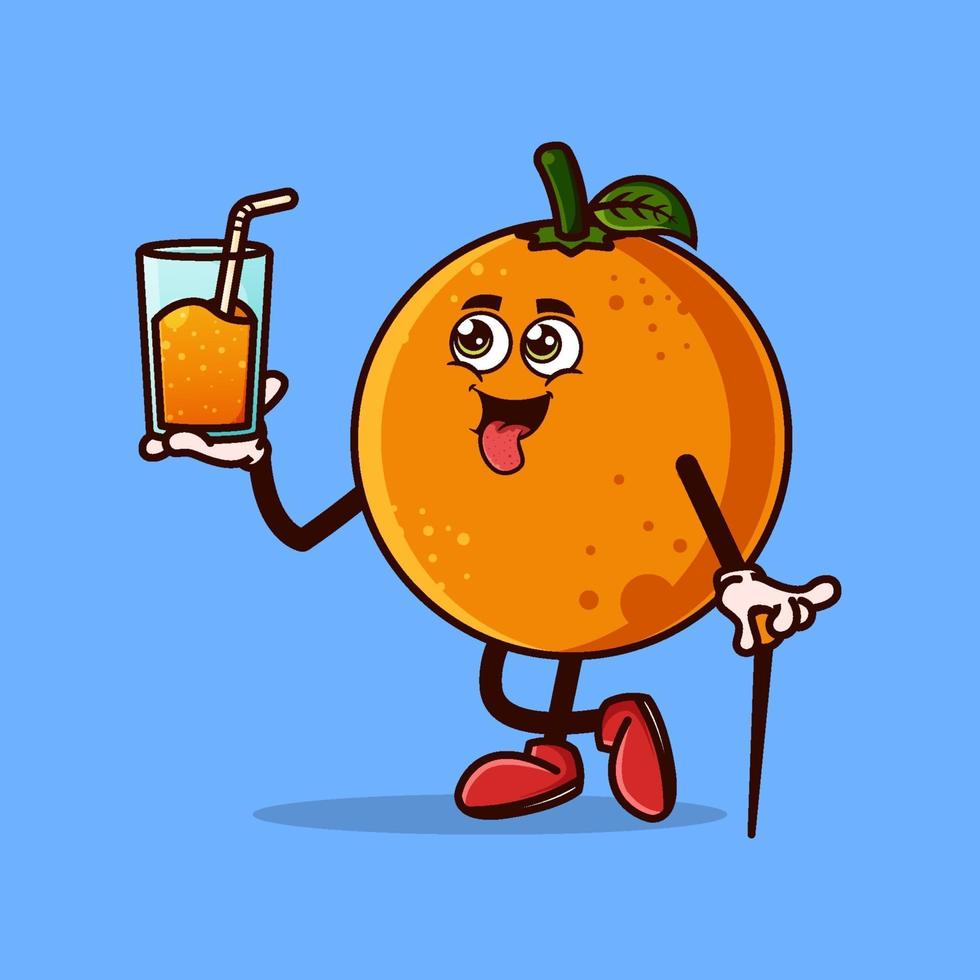 lindo personaje de fruta naranja con jugo de naranja en la mano. concepto de icono de personaje de fruta aislado. estilo de dibujos animados plana vector