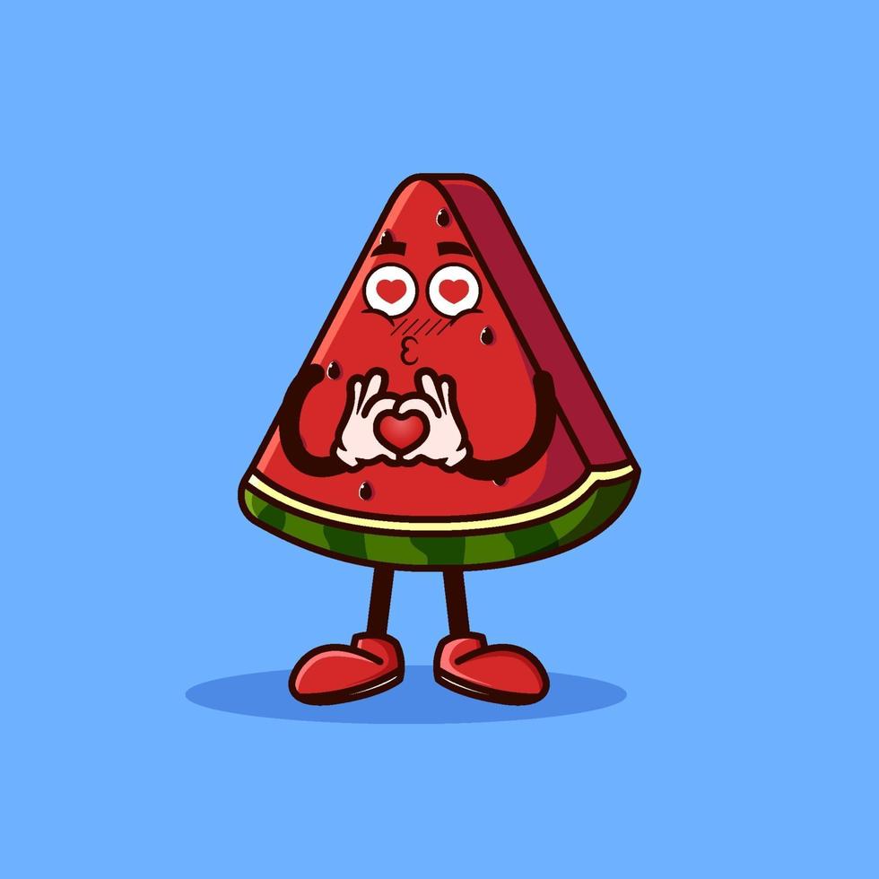 lindo personaje de fruta de sandía con gesto de amor. concepto de icono de personaje de fruta aislado. estilo de dibujos animados plana vector