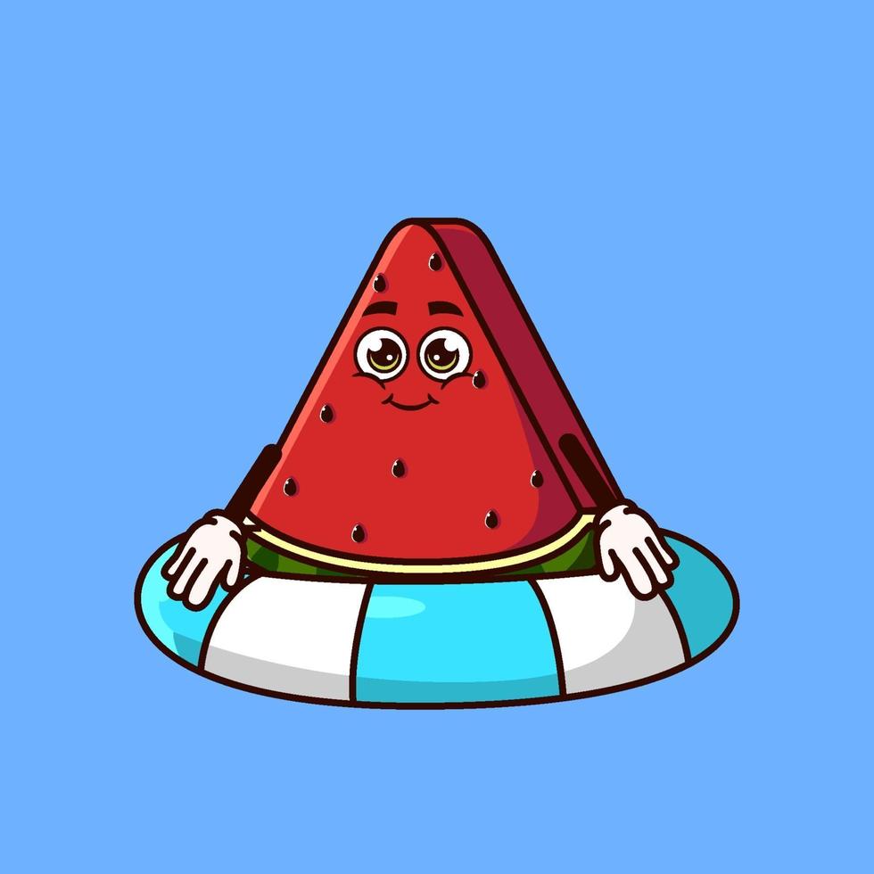 lindo personaje de fruta de sandía con flotador de anillo de natación. concepto de icono de verano de frutas aislado. estilo de dibujos animados plana vector