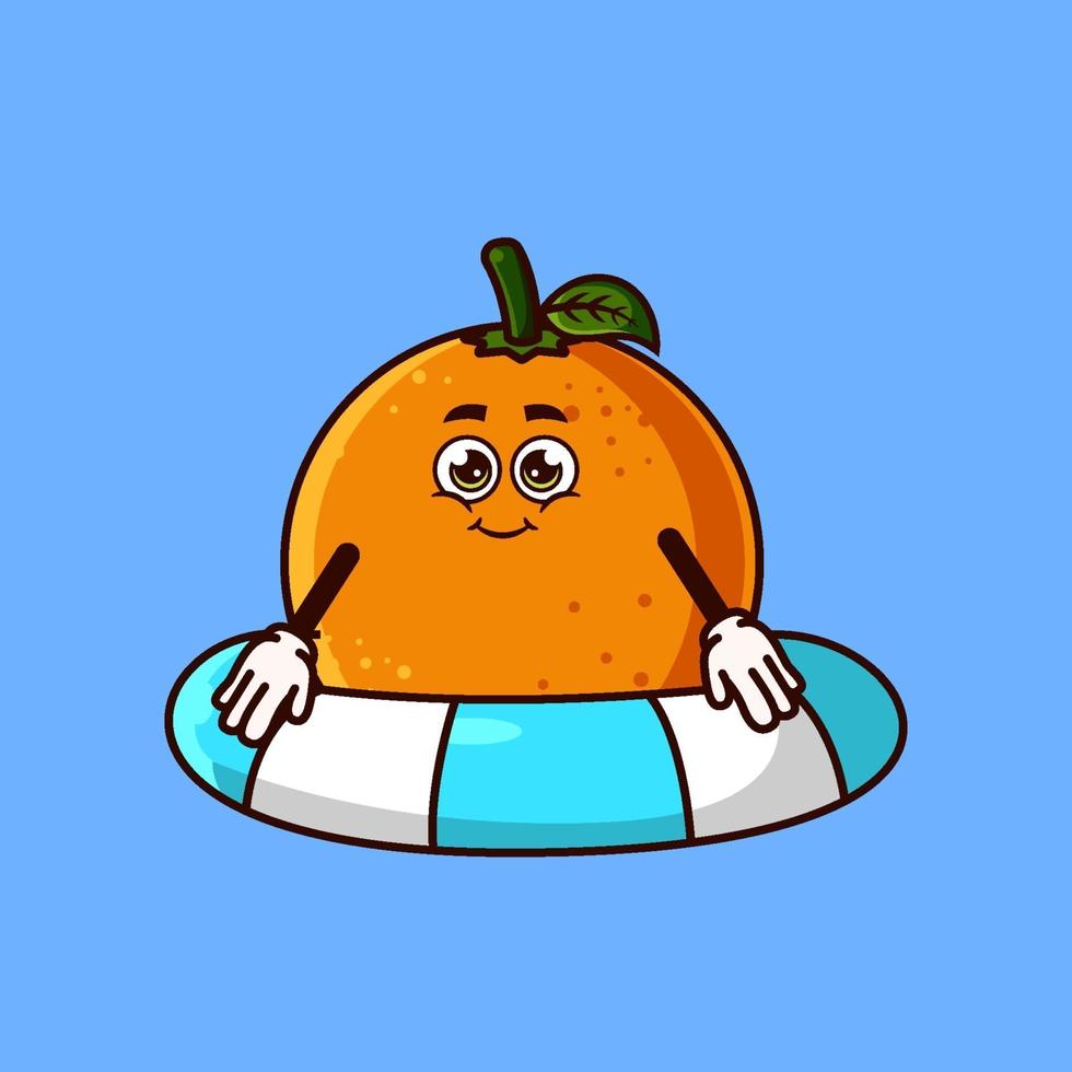 lindo personaje de fruta naranja con flotador de anillo de natación. concepto de icono de verano de frutas aislado. estilo de dibujos animados plana vector