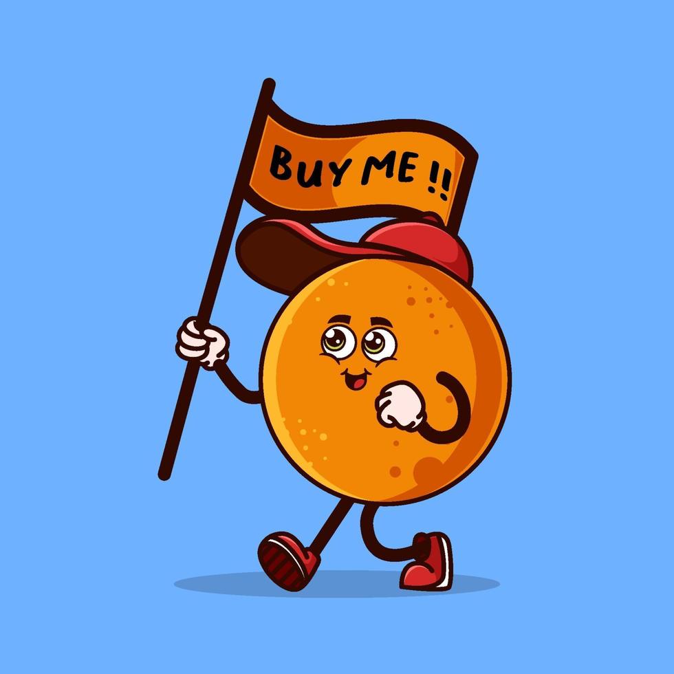 lindo personaje de fruta naranja que lleva una bandera que dice cómprame. concepto de icono de personaje de fruta aislado. pegatina emoji. vector de estilo de dibujos animados plana