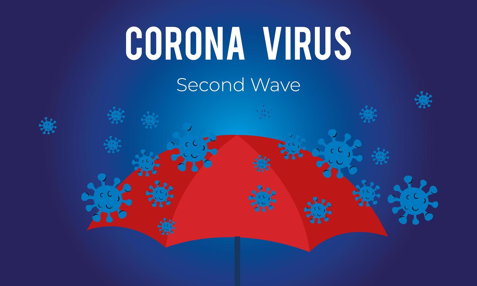 cartel de la segunda ola del virus corona con partículas y paraguas vector