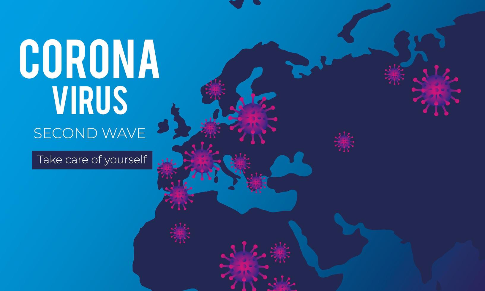 cartel de la segunda ola del virus corona con mapas de continentes antiguos vector