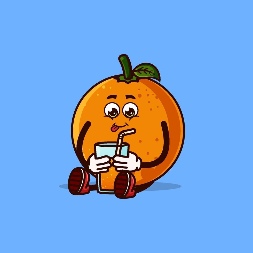 lindo personaje de fruta naranja sentado con jugo de naranja. concepto de icono de personaje de fruta aislado. pegatina emoji. vector de estilo de dibujos animados plana