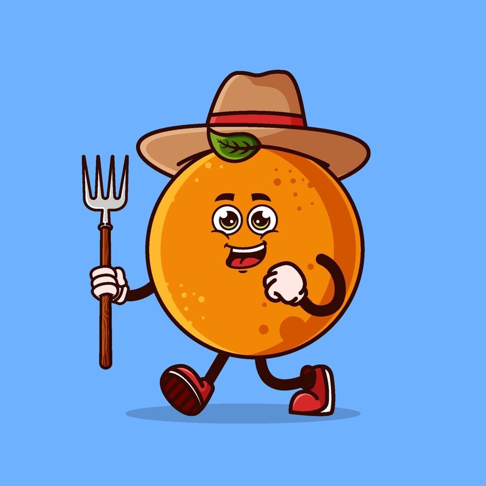 Lindo personaje de granjero de fruta naranja con horquilla. concepto de icono de personaje de fruta aislado. estilo de dibujos animados plana vector