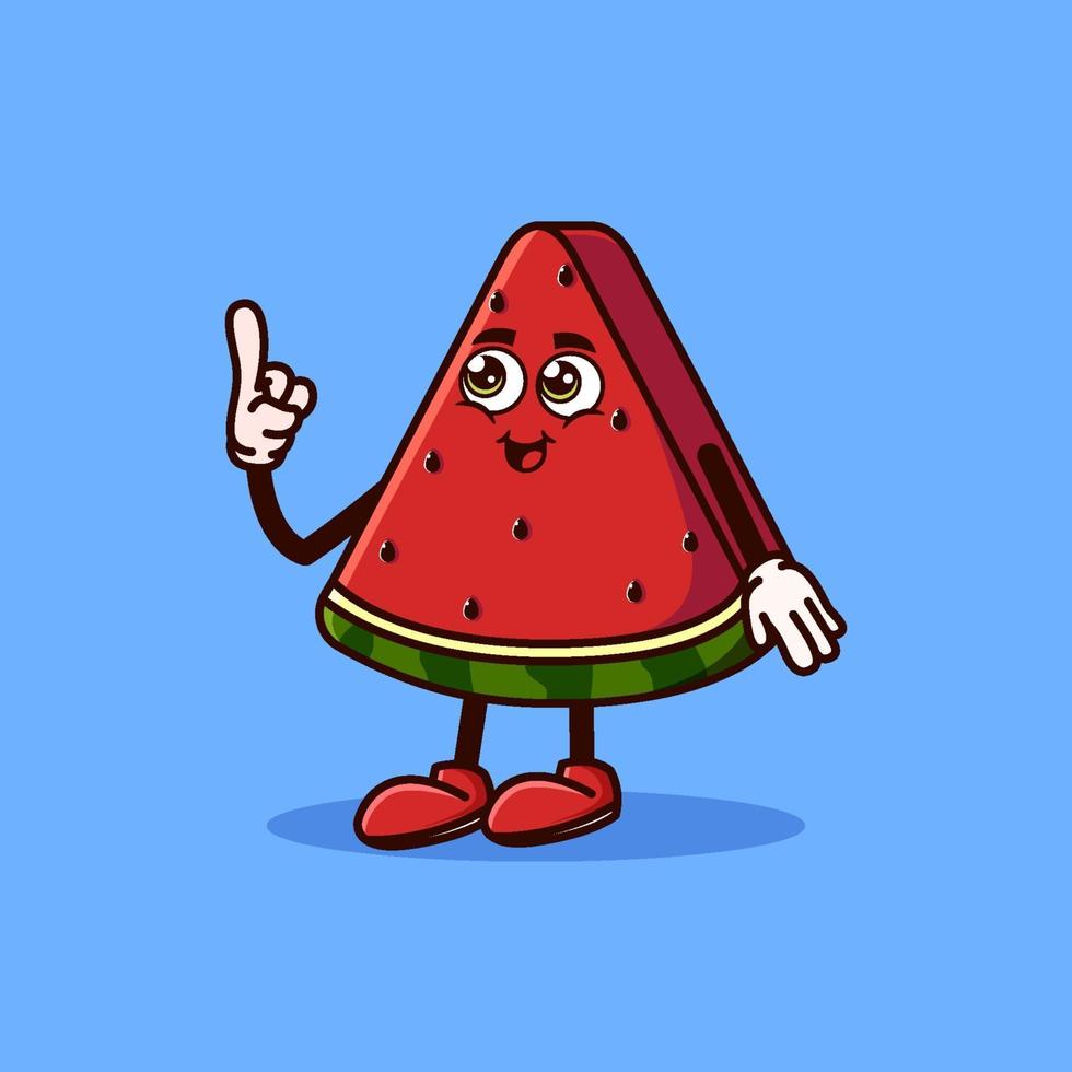 Lindo personaje de fruta de sandía con cara feliz y gesto apuntando hacia arriba. concepto de icono de personaje de fruta aislado. pegatina emoji. vector de estilo de dibujos animados plana