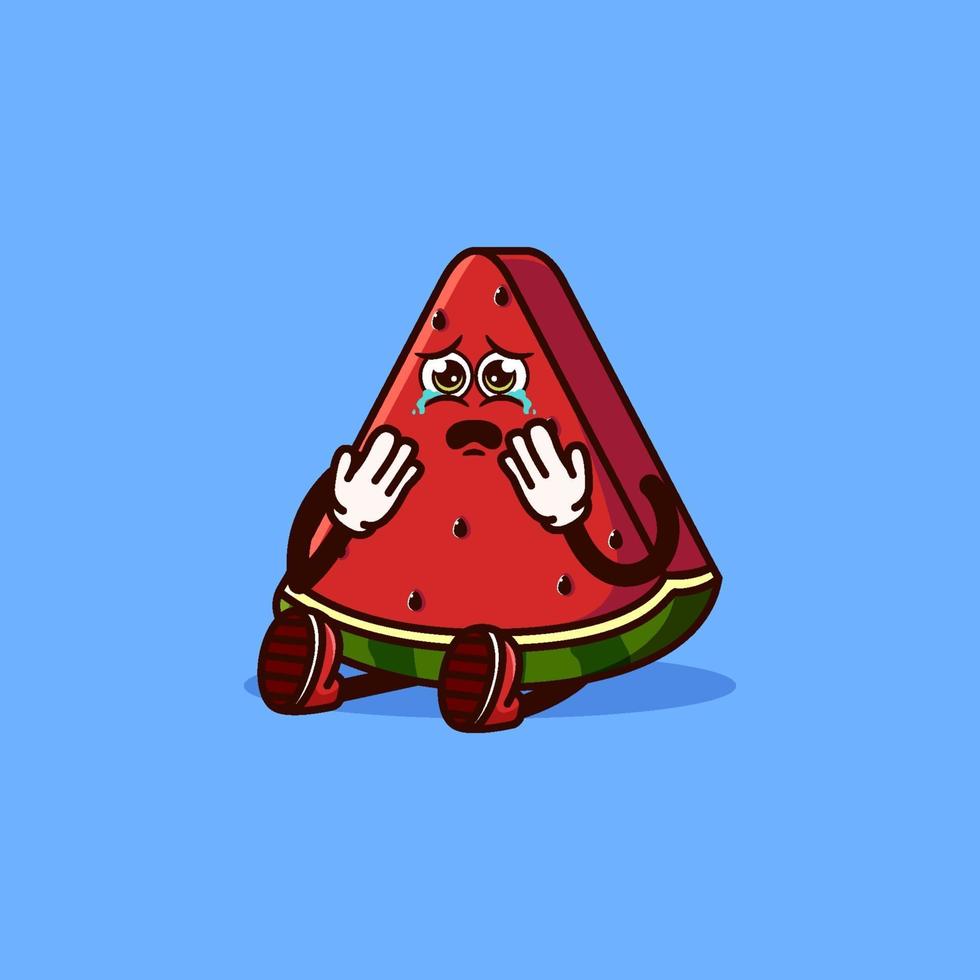 lindo personaje de fruta de sandía sentado y llorando. concepto de icono de personaje de fruta aislado. estilo de dibujos animados plana vector