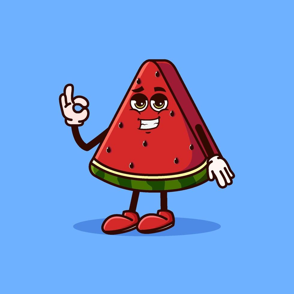 lindo personaje de fruta de sandía con emoji genial y muestra un gesto bien. concepto de icono de personaje de fruta aislado. pegatina emoji. vector de estilo de dibujos animados plana