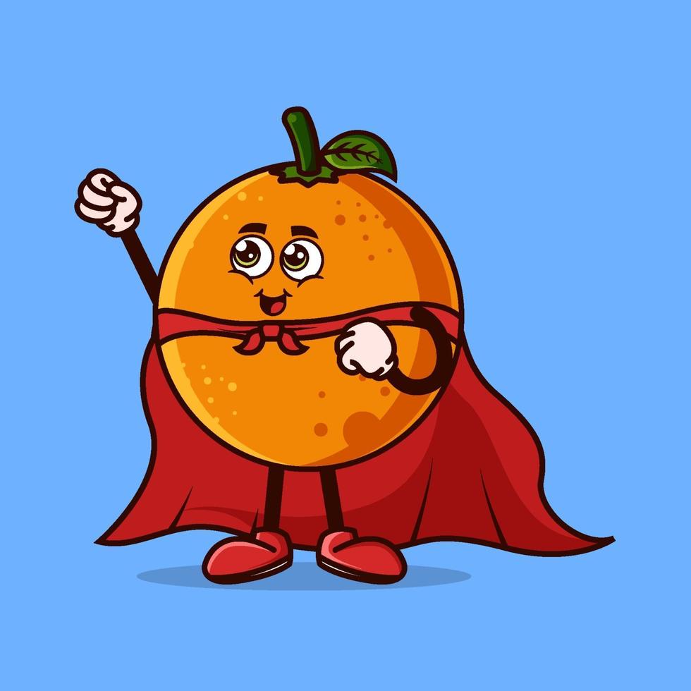 lindo personaje de fruta naranja con disfraz de superhéroe e intenta volar. concepto de icono de personaje de fruta aislado. pegatina emoji. vector de estilo de dibujos animados plana