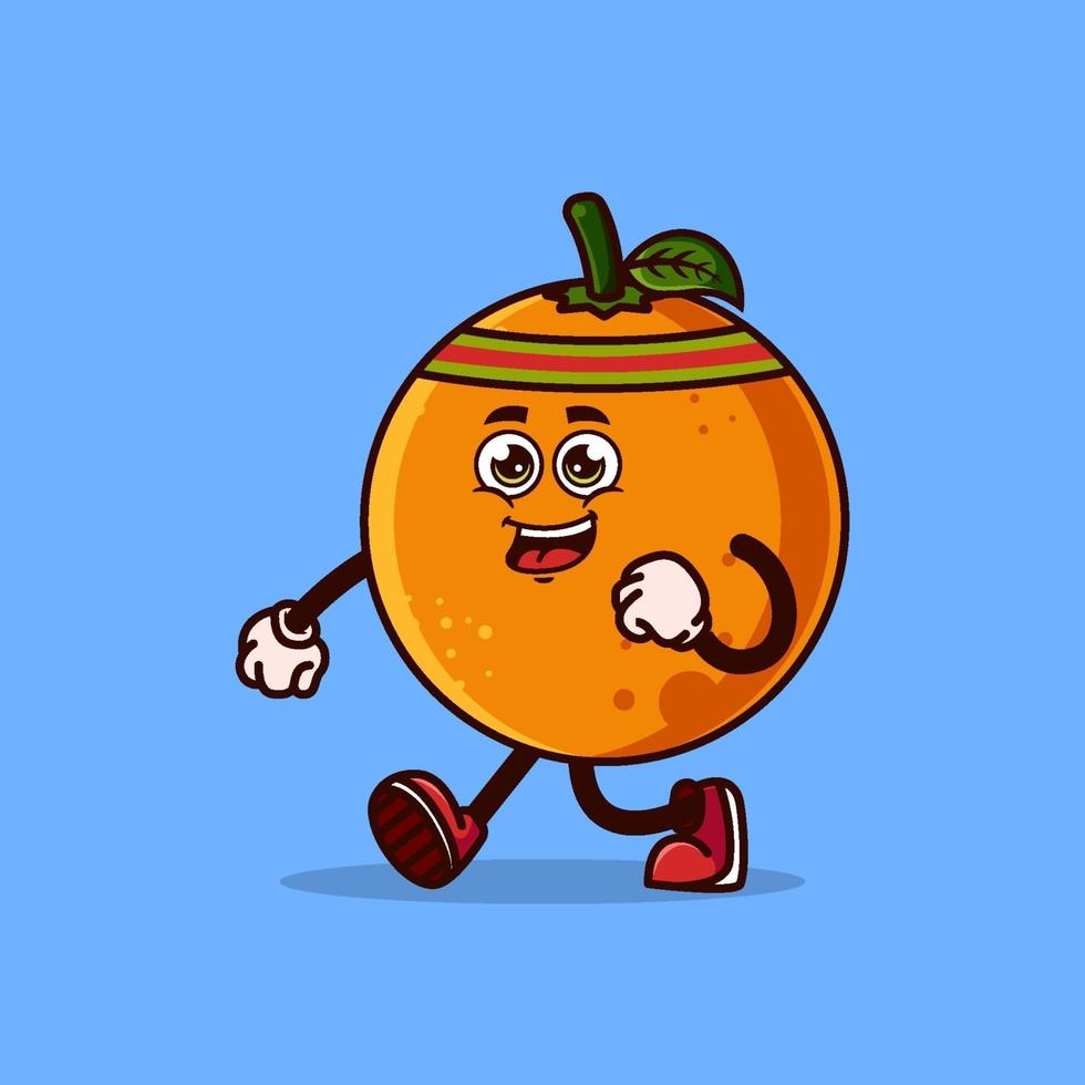 lindo personaje de fruta naranja para correr. concepto de icono de personaje de fruta aislado. pegatina emoji. vector de estilo de dibujos animados plana