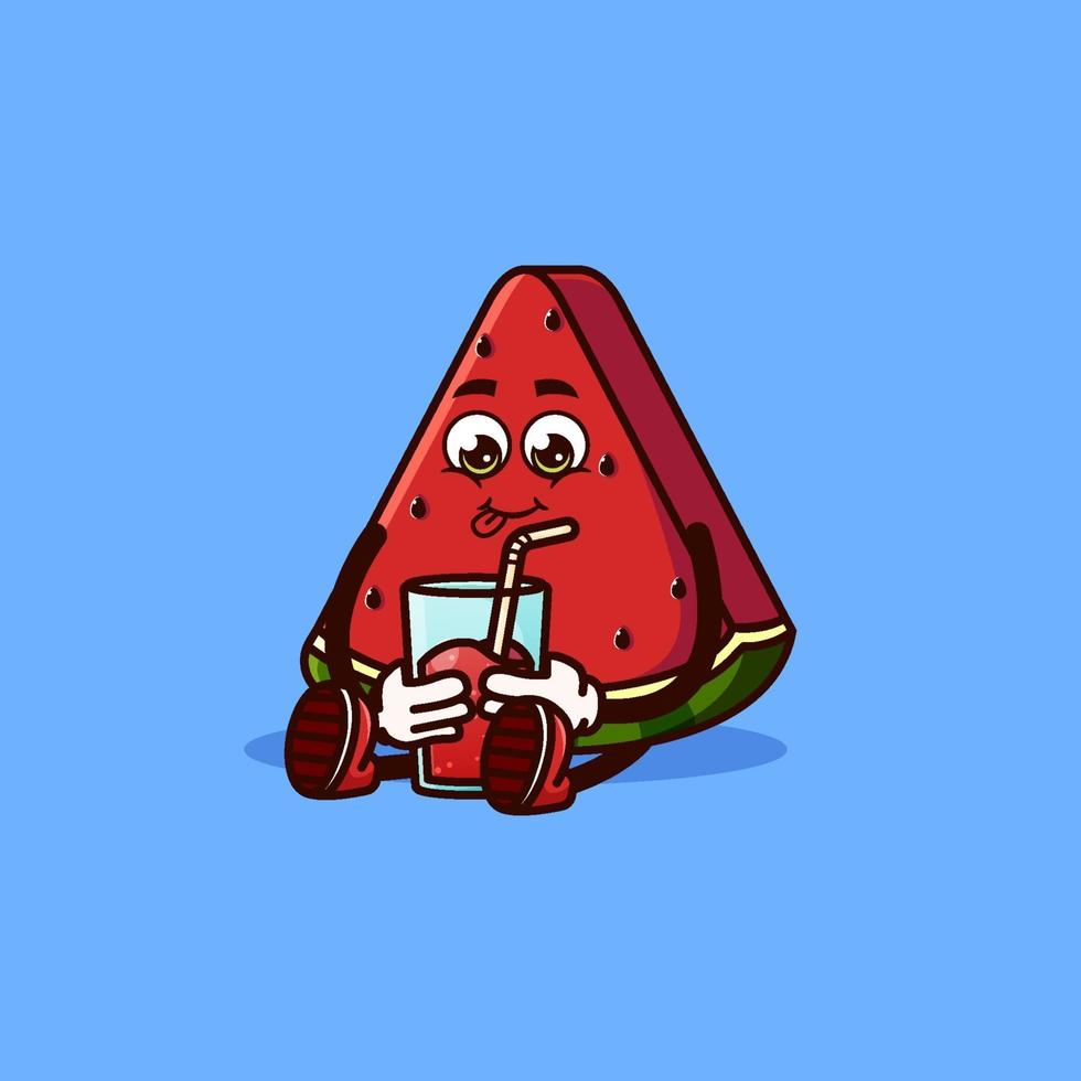 lindo personaje de fruta de sandía sentado con jugo de sandía. concepto de icono de personaje de fruta aislado. pegatina emoji. vector de estilo de dibujos animados plana