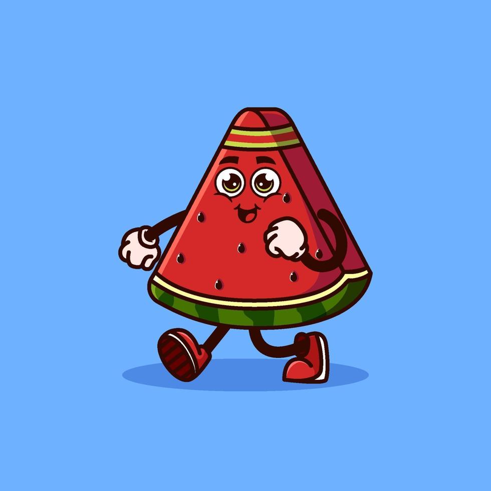 lindo personaje de fruta de sandía para correr. concepto de icono de personaje de fruta aislado. pegatina emoji. vector de estilo de dibujos animados plana