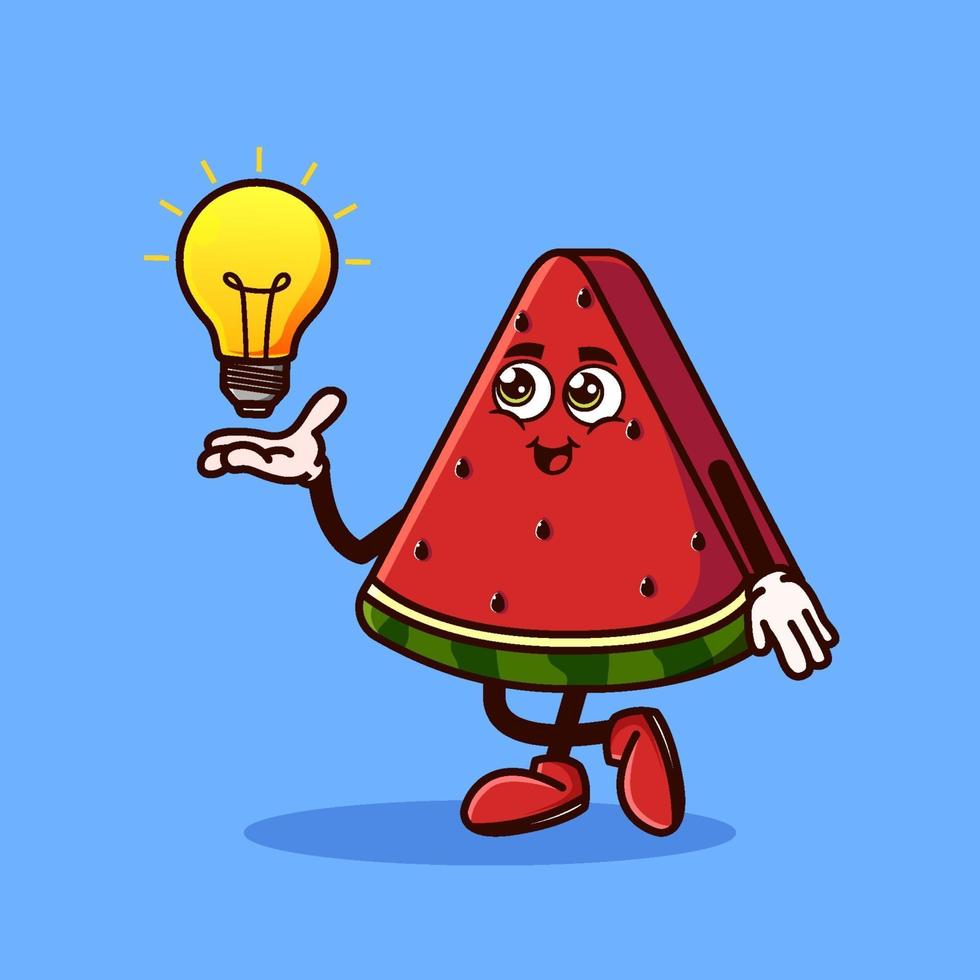 Lindo personaje de fruta de sandía con idea de bombilla en mano. concepto de icono de personaje de fruta aislado. pegatina emoji. vector de estilo de dibujos animados plana