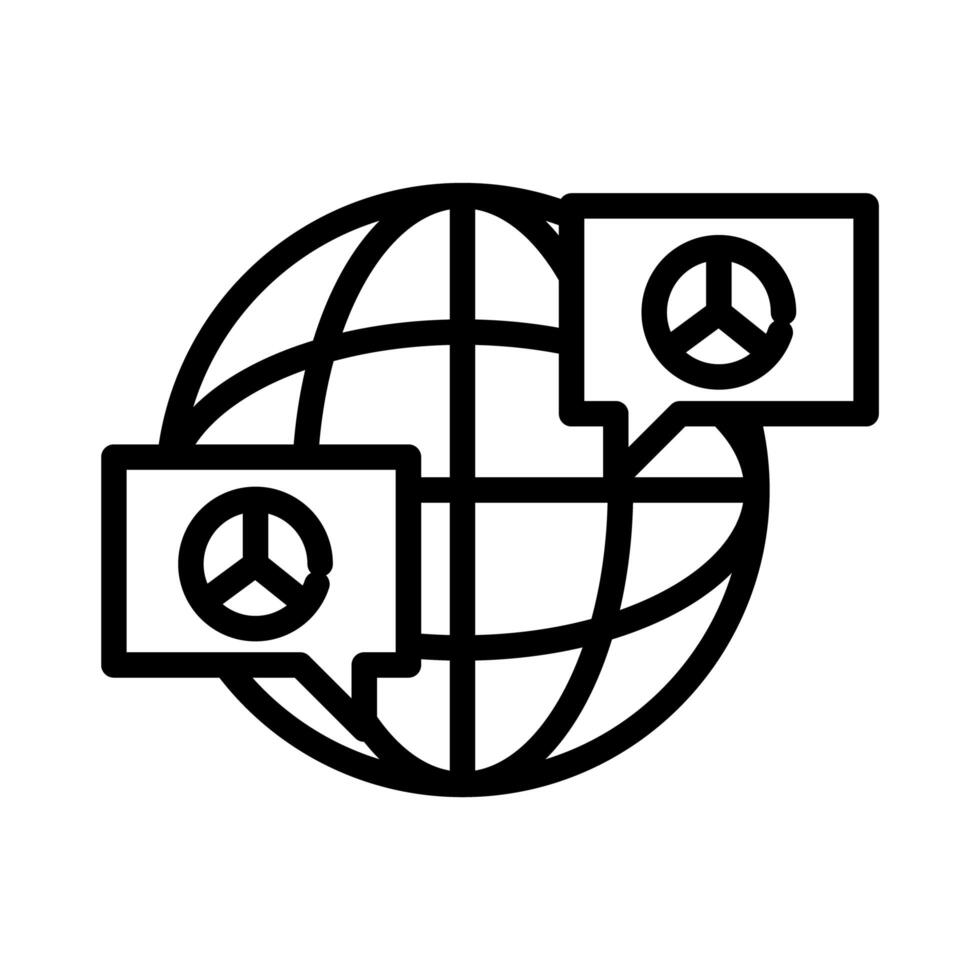 sphere planet with peace and love symbols in speech bubbles line style icon vector