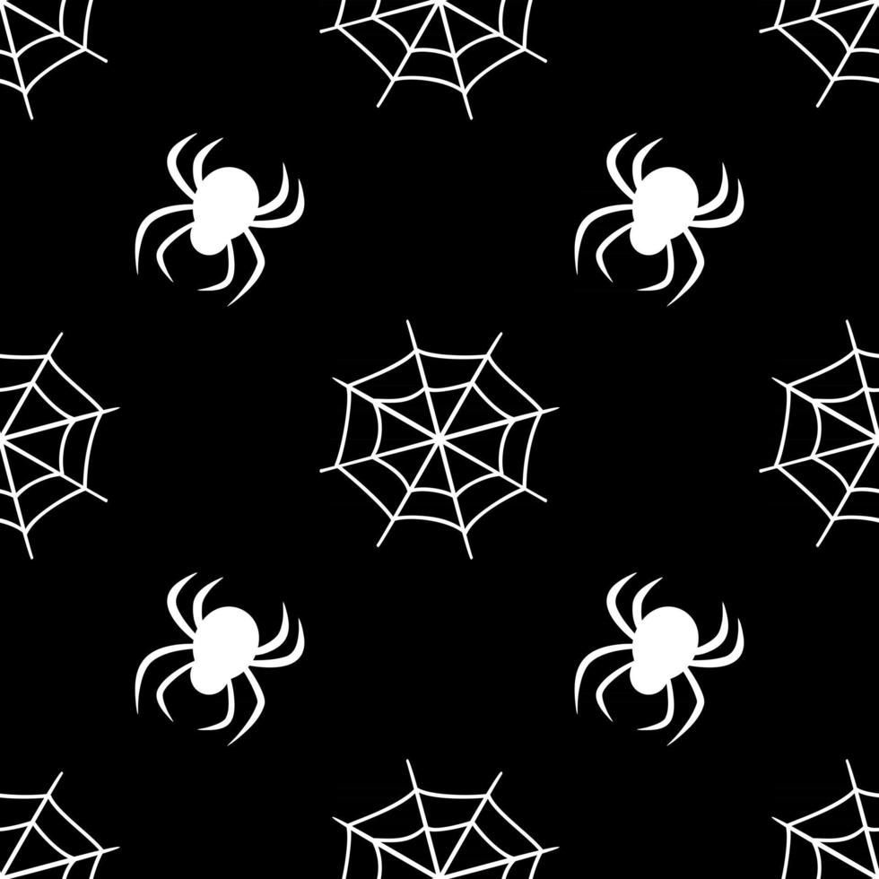 Cute seamless pattern with white cobwebs and spiders on a black background. Halloween party decoration. Bright print for paper, textiles and design vector