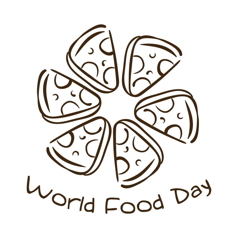 celebración del día mundial de la comida letras con porciones estilo de línea de pizza vector