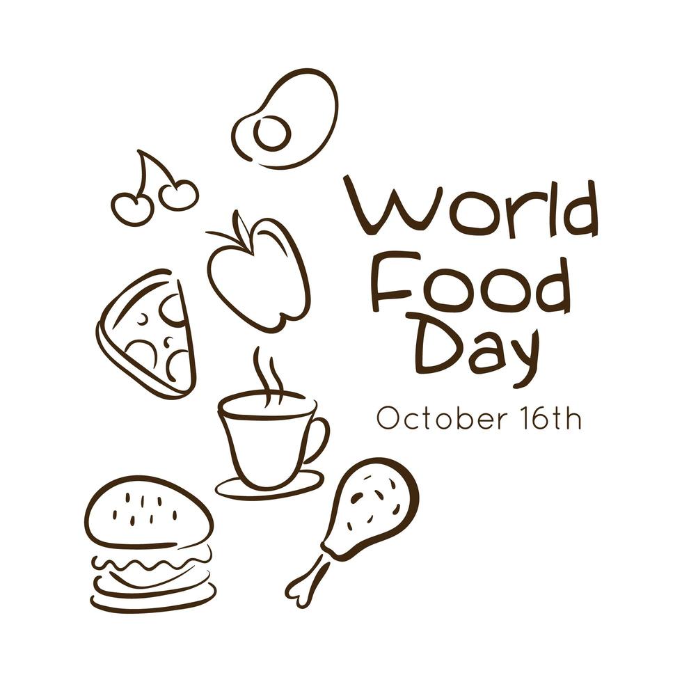 world food day celebration lettering with set fast food line style vector