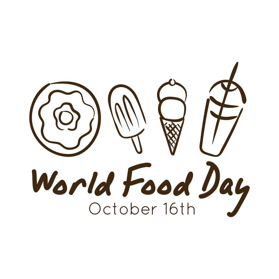 world food day celebration lettering with dessert line style vector