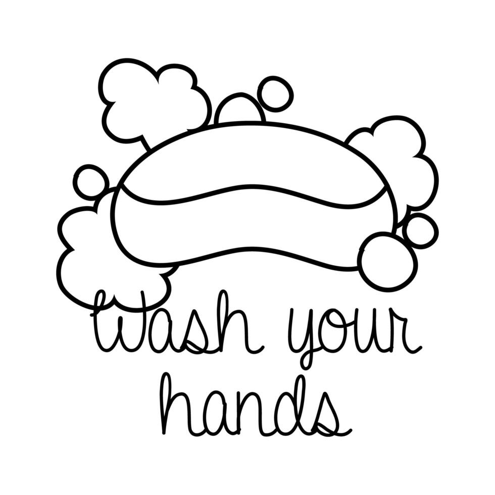 wash your hands campaign lettering with soap bar line style vector