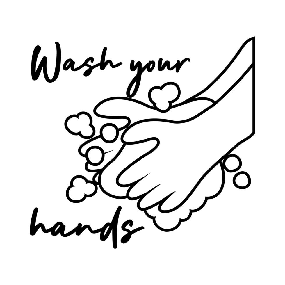 wash your hands campaign lettering with water and soap bar line style vector