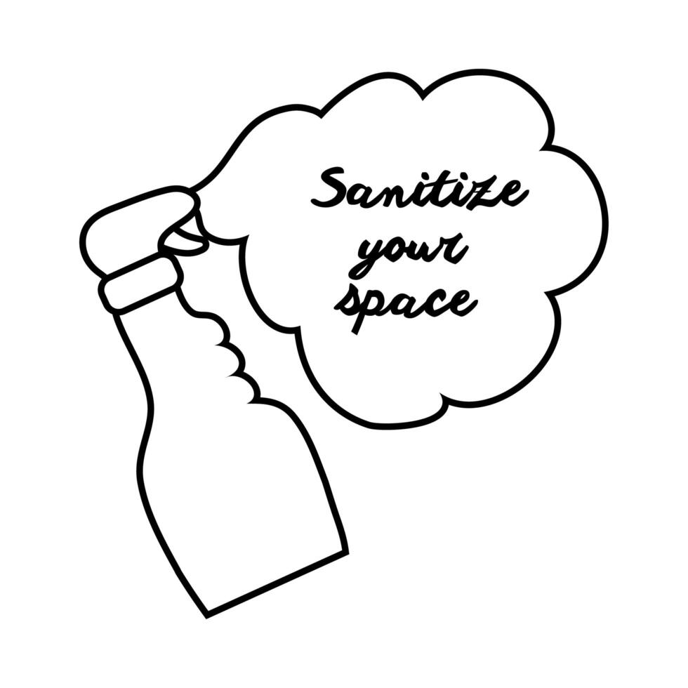 sanitize your space campaign lettering with bottle line style icon vector