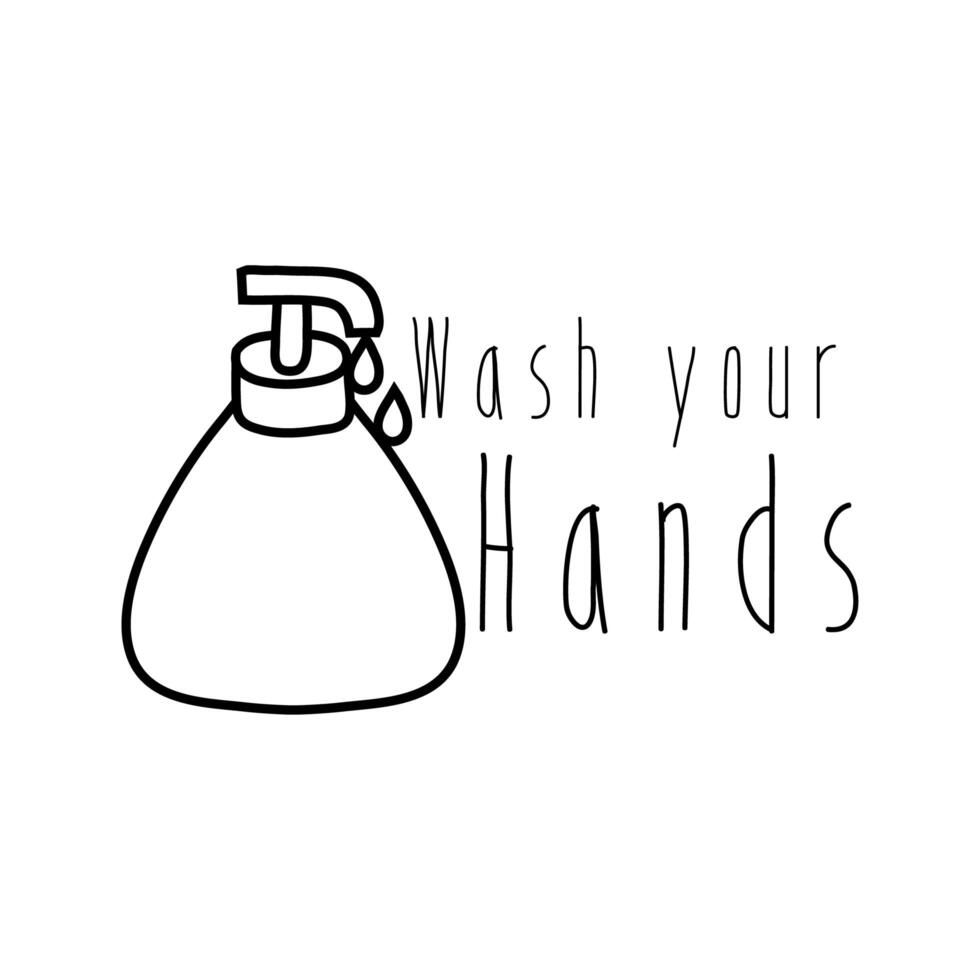 wash your hands campaign lettering with bottle soap line style vector