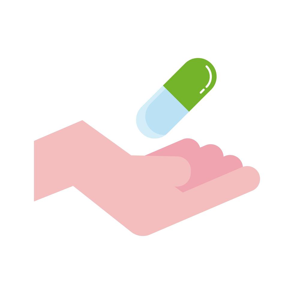 hand with medicine capsule drugs flat style icon vector