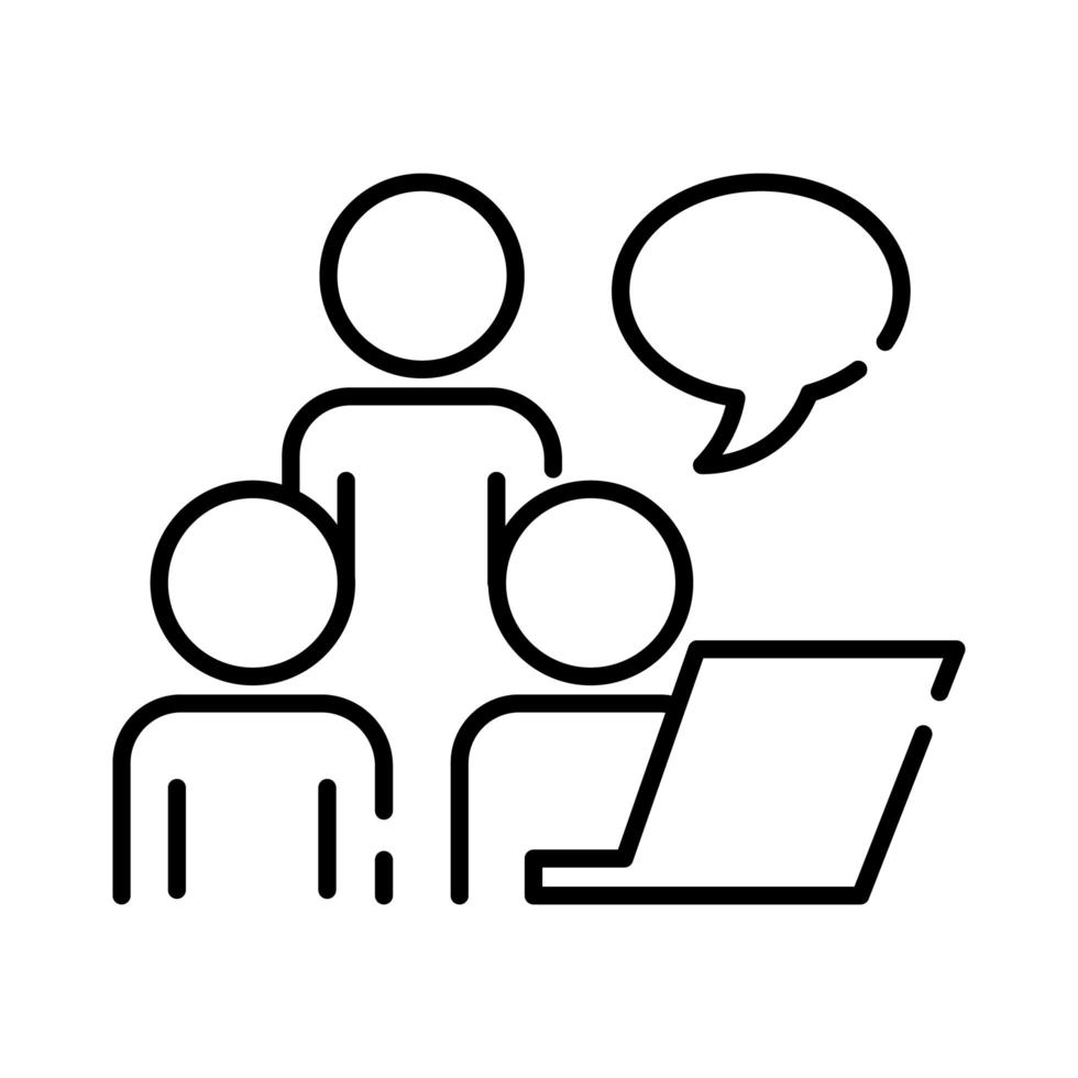 teamworkers with speech bubble and laptop coworking line style icon vector