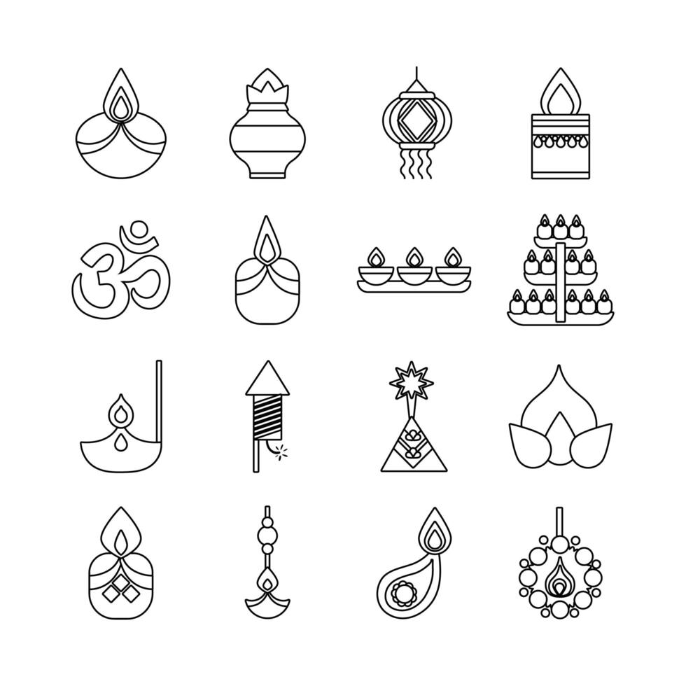 bundle of sixteen diwali set line style vector
